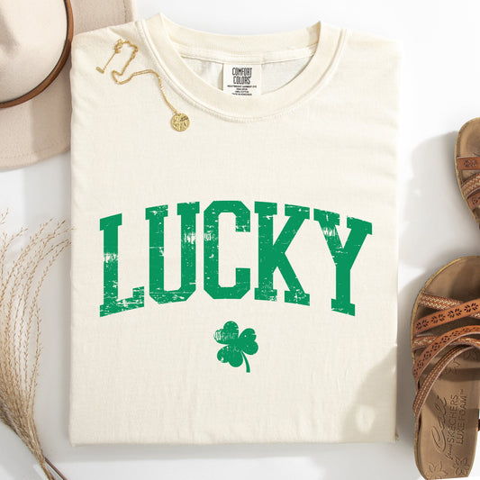 Lucky, Collegiate, Varsity, St Patrick's Day, Shamrock, Clover, Lucky, Leprechaun Tshirt Comfort Colors T-Shirt