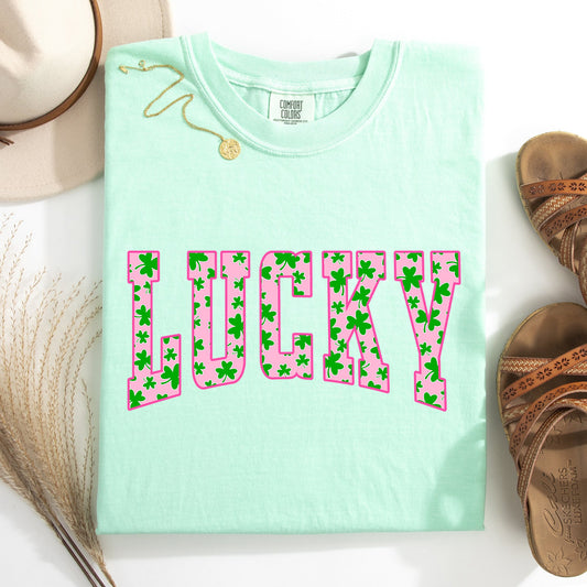Lucky, Collegiate, Varsity, Vintage, St Patrick's Day, Shamrock, Clover, Lucky, Leprechaun Tshirt Comfort Colors T-Shirt