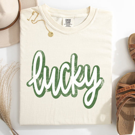 Lucky, Cursive, Vintage, St Patrick's Day, Shamrock, Clover, Lucky, Leprechaun Tshirt Comfort Colors T-Shirt