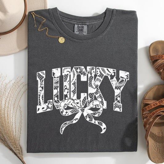 Lucky, Lace, Coquette, Ribbon, St Patrick's Day, Shamrock, Clover, Lucky, Leprechaun Tshirt Comfort Colors T-Shirt