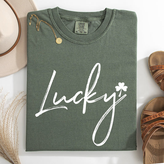 Lucky, Minimalist copy, St Patrick's Day, Shamrock, Clover, Lucky, Leprechaun Tshirt Comfort Colors T-Shirt