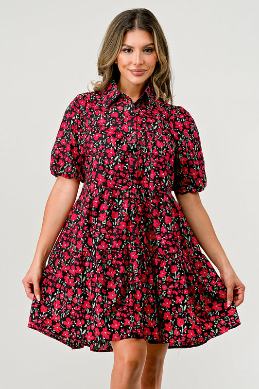 Floral Print Tiered Dress with Puff Sleeves - Button-Down Casual | Apparel | Kitchen + Metal