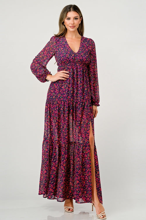 Floral V-Neck Long Sleeve Maxi Dress with Tiered Skirt and Side Slit | Apparel | Kitchen + Metal