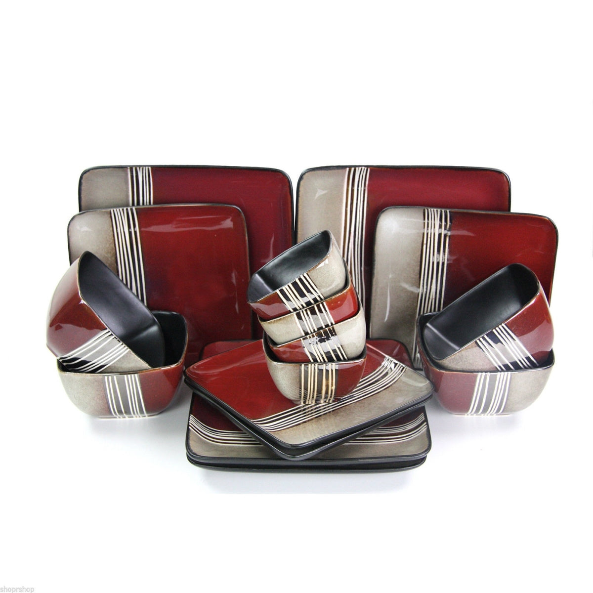 Elama ELM-DOWNTOWN16 16 Piece Double Bowl Stoneware Dinnerware Set | Kitchen + Metal