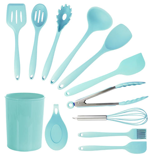 MegaChef Light Teal Silicone Cooking Utensils, Set of 12 | Kitchen Accessories | Kitchen + Metal