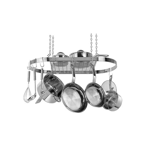 Modern Ceiling Mounted Stainless Steel Oval Hanging Pot Rack | Kitchen + Metal