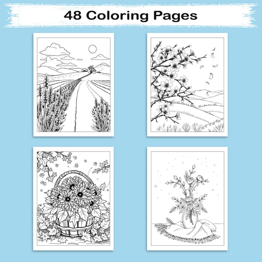 Seasons in Bloom – Flower Coloring Pages – 48 Pages – Cherry Blossoms, Lavender, Mums & Poinsettias – For Adults