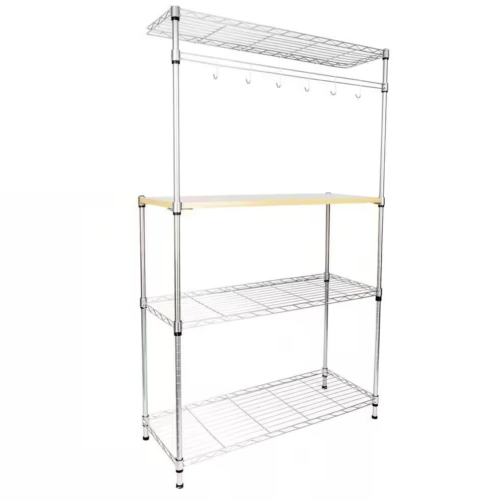 Carbon Steel Kitchen Bakers Rack with MDF Wood Shelf and Hanging Bar with Hooks