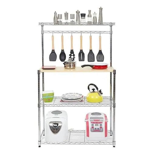 Carbon Steel Kitchen Bakers Rack with MDF Wood Shelf and Hanging Bar