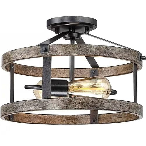 Round 13-inch Metal Wood Farmhouse 2-Light Ceiling Lamp - Semi-Flush | Kitchen + Metal