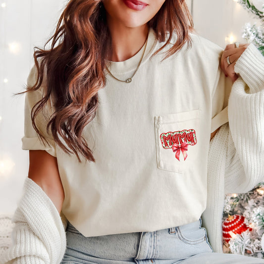 Mama, Christmas Bow, Retro Pocket, Santa, Winter Pocket Tee Comfort Colors T-Shirt