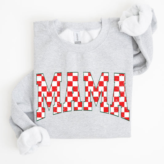Mama, Christmas Checkered, Red, White, Santa, Varsity, Retro, Vintage Sweatshirt