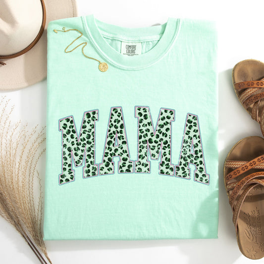 Mama, Leopard Print, Collegiate, Varsity, St Patrick's Day, Shamrock, Clover, Lucky, Leprechaun Tshirt Comfort Colors T-Shirt