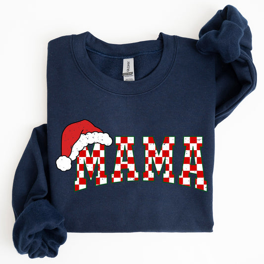 Mama, Red Checkered Christmas Plaid, Santa, Winter, Santa, Xmas Sweatshirt