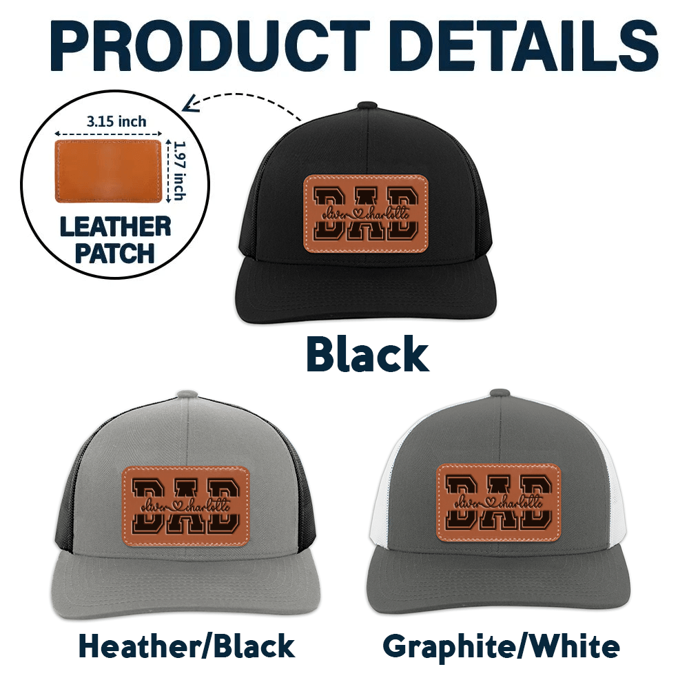Custom Kids' Names Dad Papa Grandpa Trucker Hat - Personalized Engraved Leather Patch Hat/Cap - Father's Day Gift for Him, Husband, Daddy, Dada
