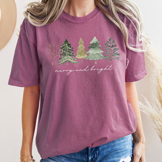 Merry And Bright, Watercolor Trees, Christmas, Comfort Colors, Tshirt