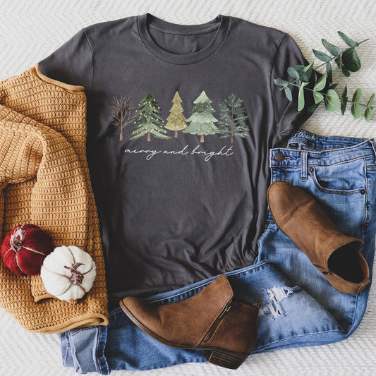 Merry And Bright, Watercolor Trees, Christmas Super Soft Tees