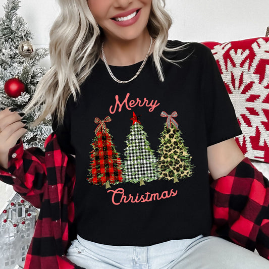 Merry Christmas, Leopard Print and Plaid Trees With Ribbons, Super Soft Tee