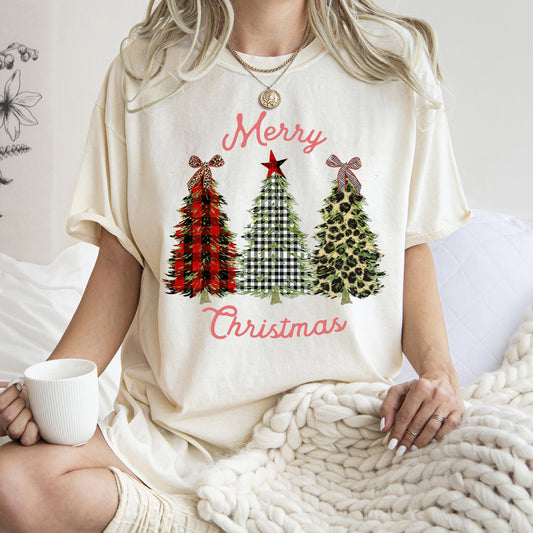 Merry Christmas, Leopard Print and Plaid Trees With Ribbons, Comfort Colors Tshirt