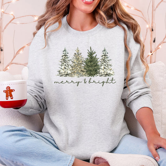 Merry and Bright, Christmas Trees, Santa, Snowflakes Sweatshirt