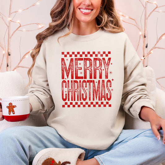 Merry Christmas, Checkered, Retro, Vintage Sweatshirt