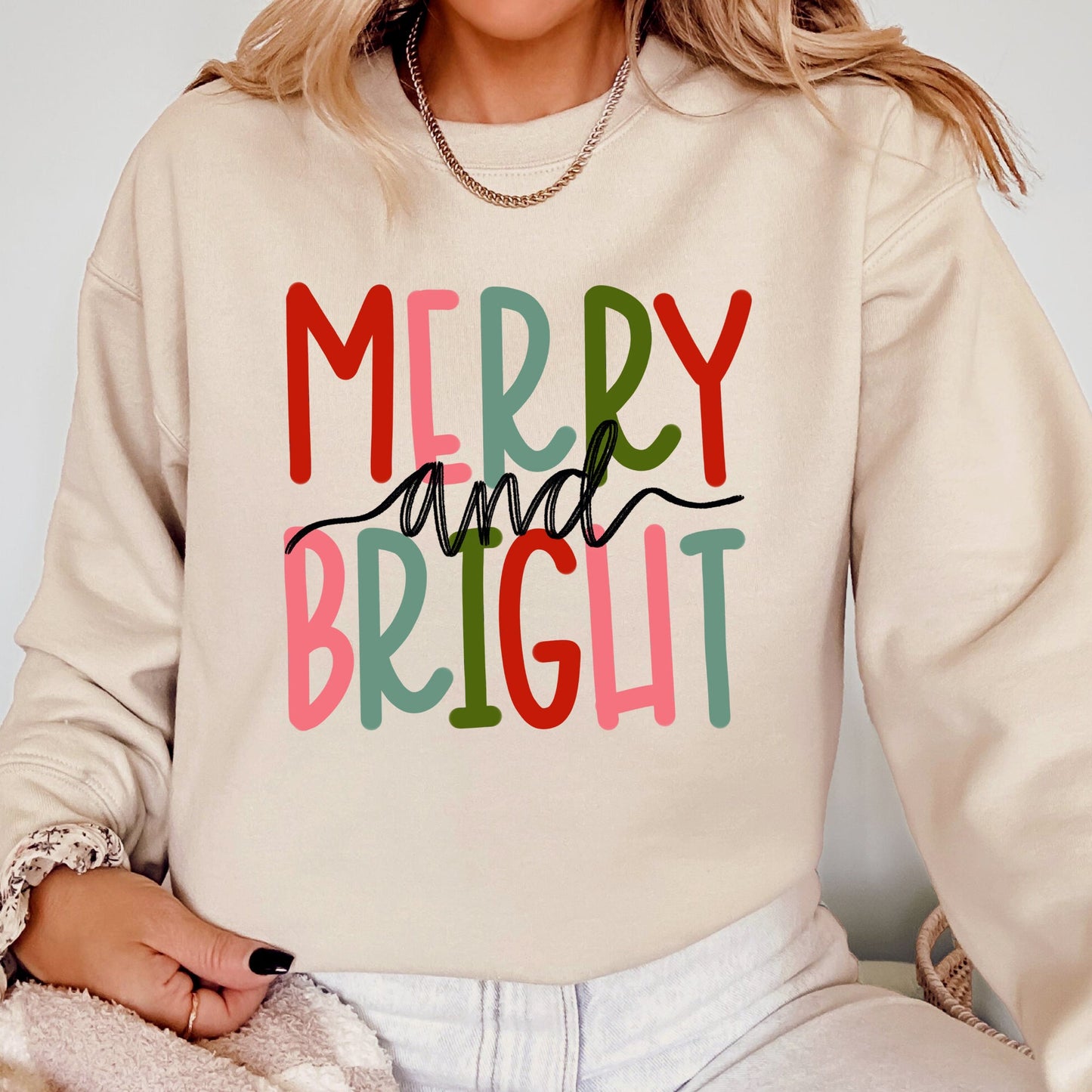 Merry and Bright, Colorful Christmas, Winter, Santa, Xmas Sweatshirt