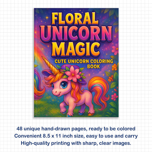 Floral Unicorn Magic Coloring Pages – 48 Pages – Adorable Flower Unicorn Designs – For Kids