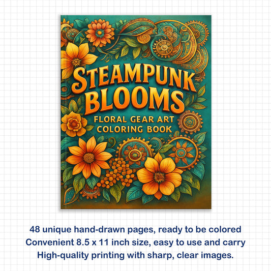 Steampunk Blooms Coloring Pages – 48 Pages – Floral Gears, Mechanical Flowers, Intricate Design – For Adults
