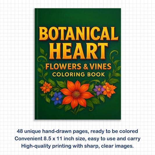 Botanical Heart Coloring Pages – 48 Pages – Beautiful Flowers, Vines, Nature – For Adults