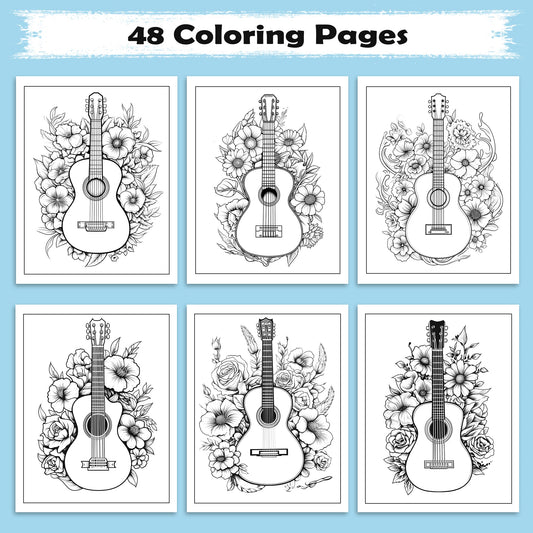 Melody in Bloom Coloring Pages – 48 Guitar and Flower Designs for Adults