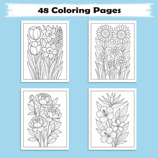 Elegant Flower Garden – Flower Coloring Pages – 48 Pages – Botanical, Calm, Relaxing Designs – For Adults