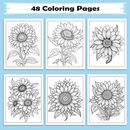 Sunflower Bloom Mandala Coloring Pages – 48 Floral Line Art for Adults