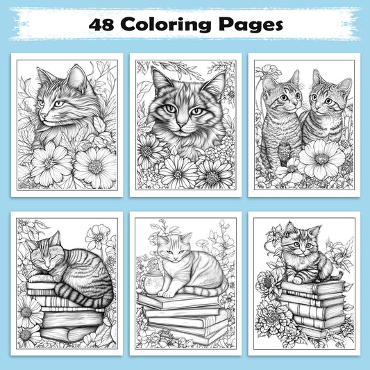 Floral Whiskers Coloring Pages – 48 Whimsical Cat and Flower Scenes for Adults