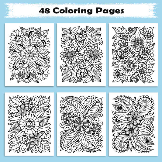 Floral Tangles – Flowers Zentangle Coloring Pages – 48 Pages – Abstract, Relaxing, Intricate Line Art – For Adults