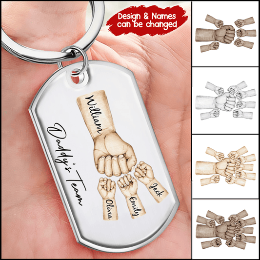 Daddy's Team Fist Bump - Personalized Stainless Steel Keychain - Custom Gift Idea for Dad, Papa, Grandpa, Daddy, Dada | Father's Day