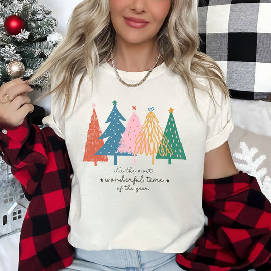 Most Wonderful Time Retro Christmas Trees, Colorful Super Soft Tees