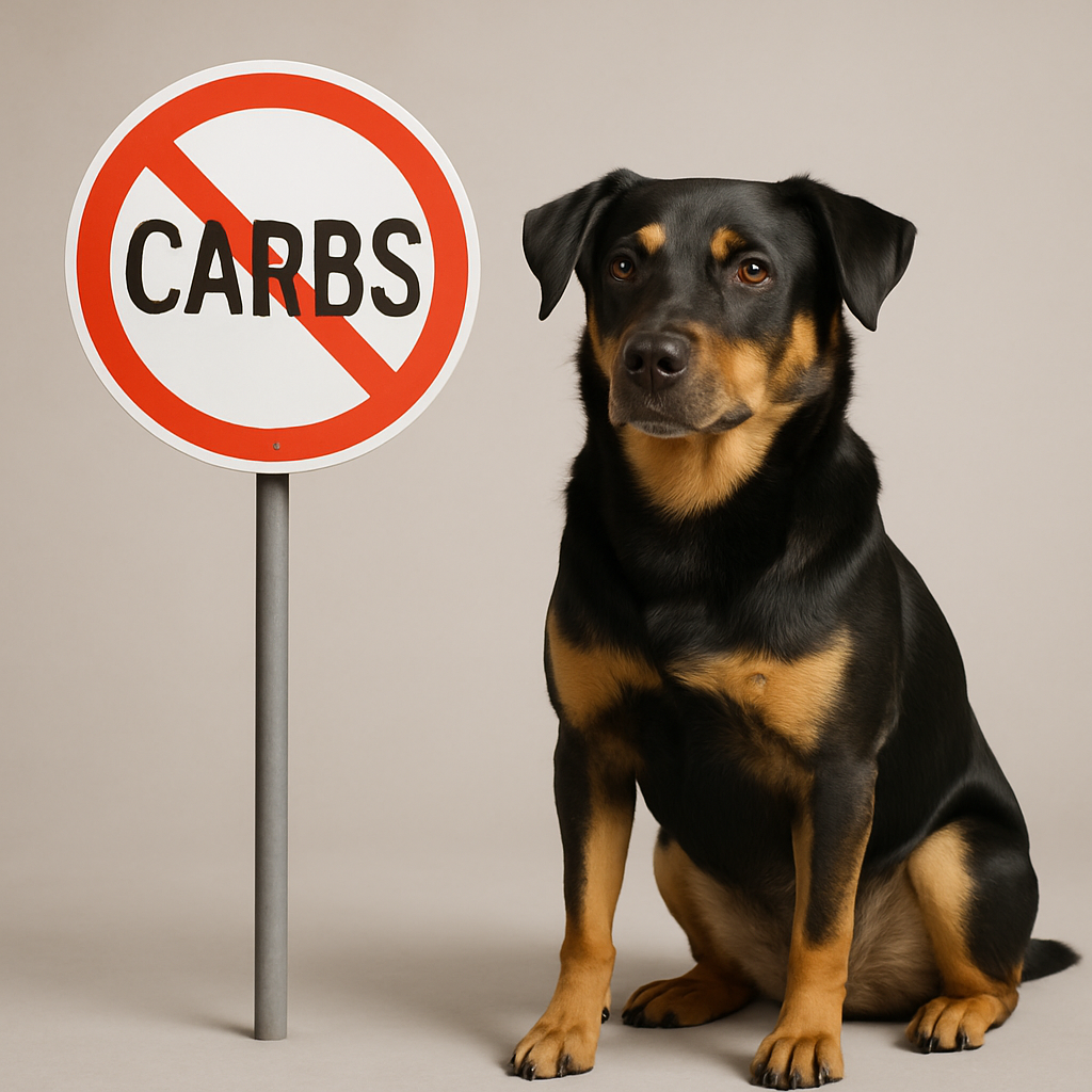 Dog sitting next to a 'No Carbs' sign on a plain background