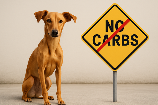Dog sitting next to a 'No Carbs' sign on a plain background