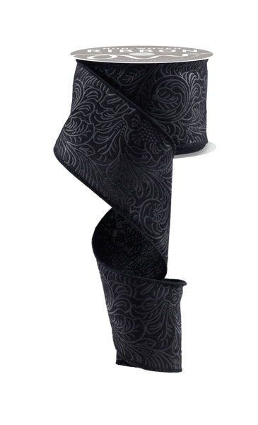 2.5"X10YD FLORAL/LEAVES BLACK