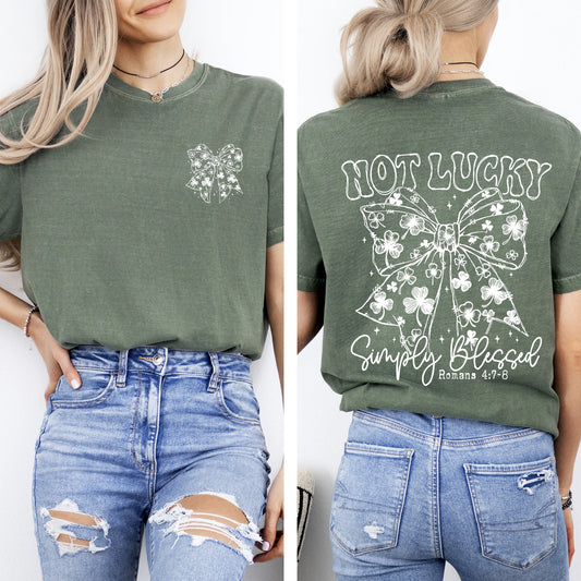 Not Lucky, Simply Blessed, Christian, Faith, St Patrick's Day, Shamrock, Clover, Lucky, Leprechaun Tshirt Comfort Colors T-Shirt