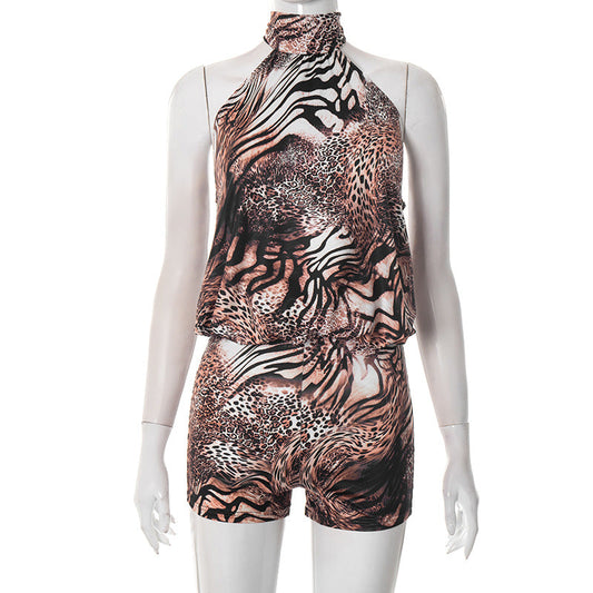 Women Sexy Tiger Stripe Pattern Halter Strap Backless Waist Trimming Super Short Shorts Jumpsuit