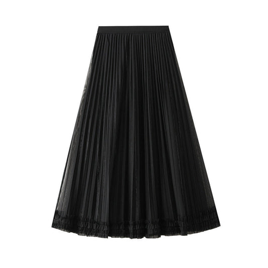 Two Way Wear Mesh Skirt Women Autumn Winter Elastic High Waist Mid-Length A line Pleated Skirt