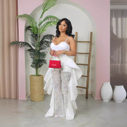 Women Clothing Lace Pants Ruffled Sexy See through Trousers