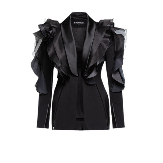 3D Ruffled Asymmetric Blazer - Slim Fit Black