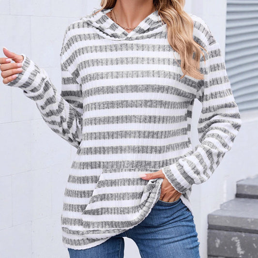 Fall Winter Striped Hooded Top Pocket Loose Long Sleeve Sweatershirt Women
