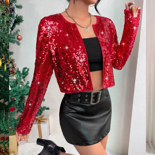Women Clothing Autumn Popular Hipster Rock Wind O neck Short Sequined Coat