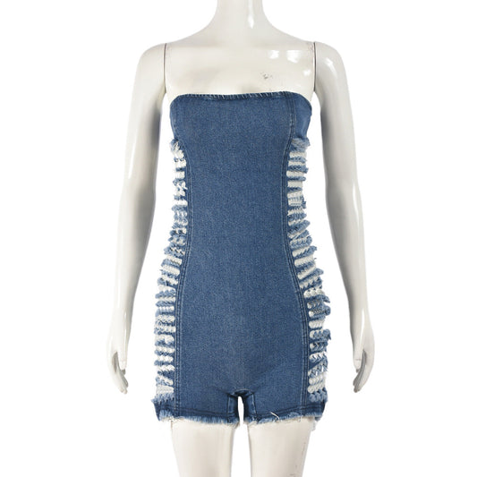 Sexy Cutout Hole Zipper Corset Stretch Denim Wash Jumpsuit