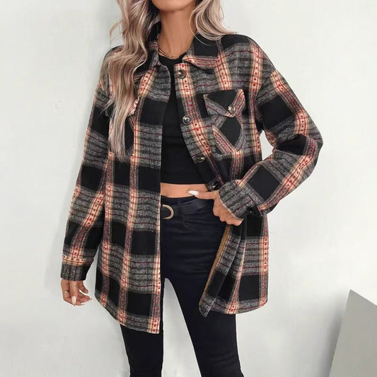 Plaid Composite Plush Casual Women Autumn Winter Warm Coat