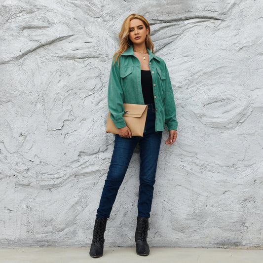 Autumn Winter Coat Color Matching Corduroy Jacket Coat for Women Shirt Solid Color Direct