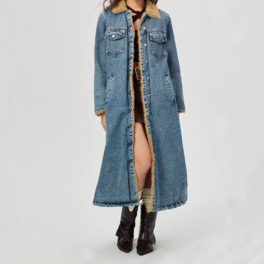 Women's Long Cotton Padded Denim Coat - Velvet Lined